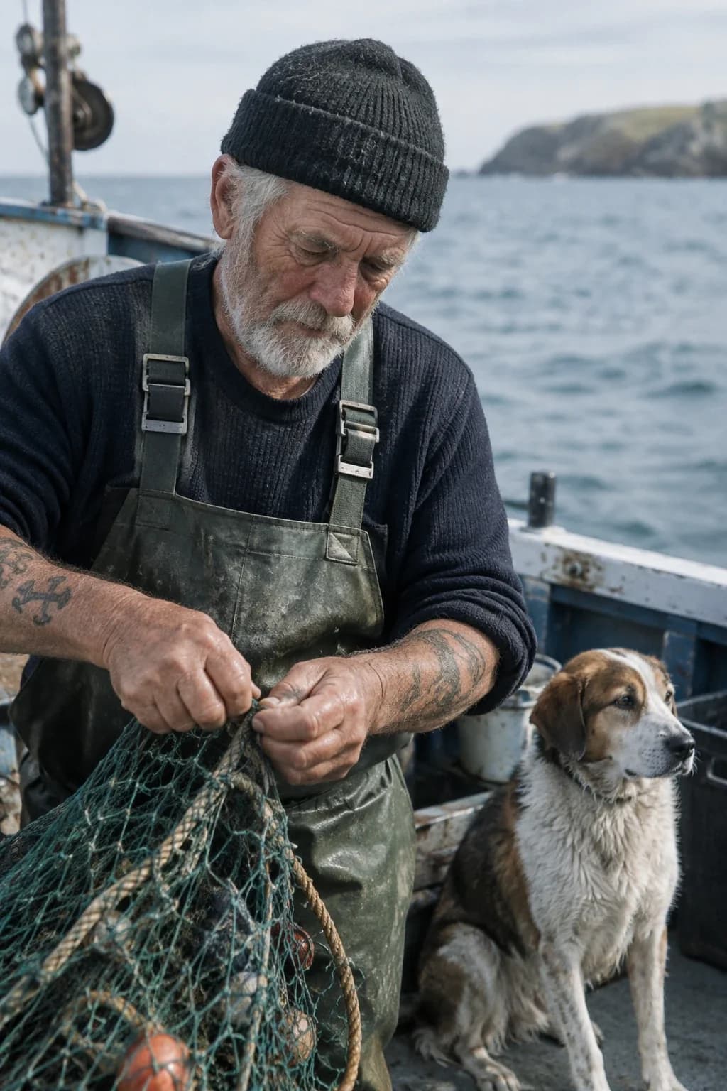 OpenAI GPT Image 2.5 Flare output: a sailor repairing a fishing net beside the water