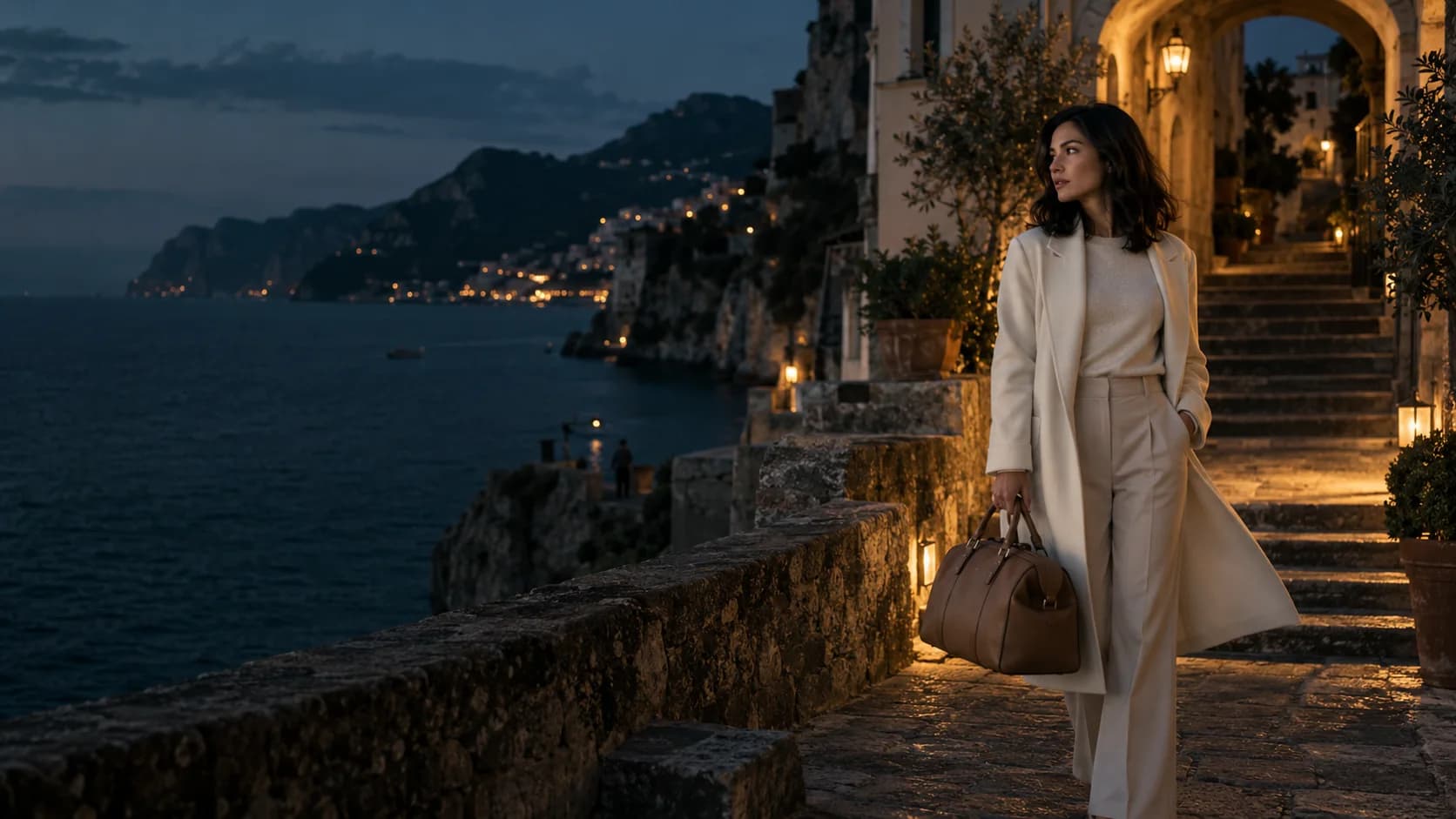 Creative reference of a woman in an ivory coat carrying a tan travel bag on coastal stone steps; not a Kling-generated result