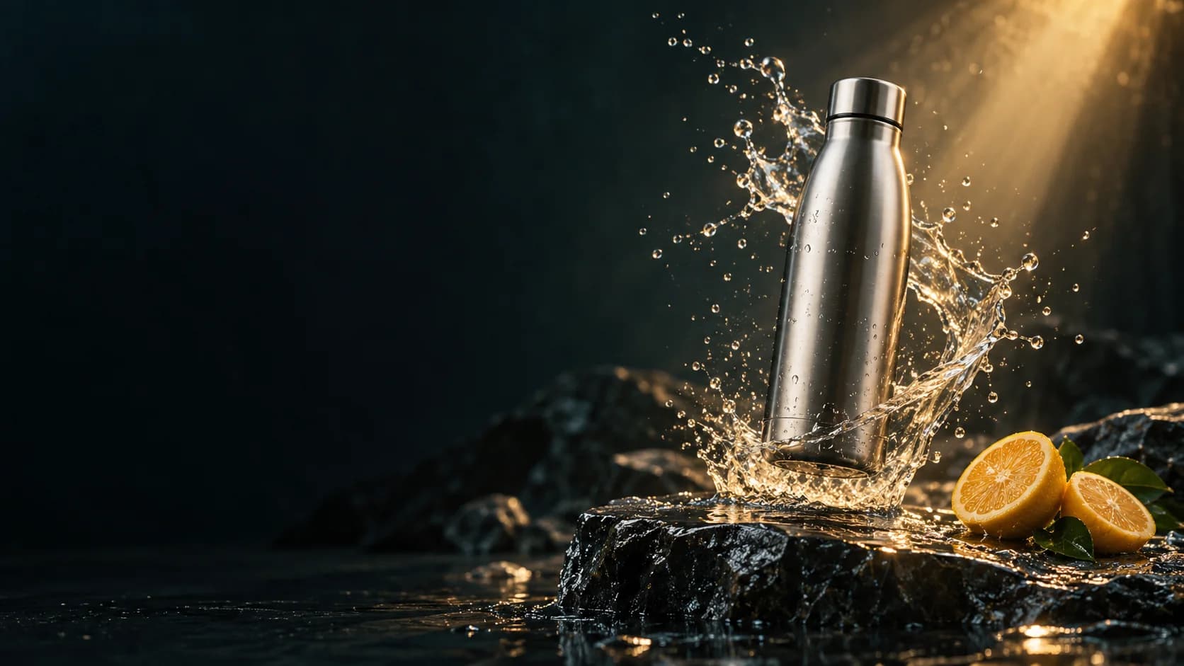 Creative reference of an unbranded silver bottle with a water splash and citrus on dark wet stone; not a Kling-generated result
