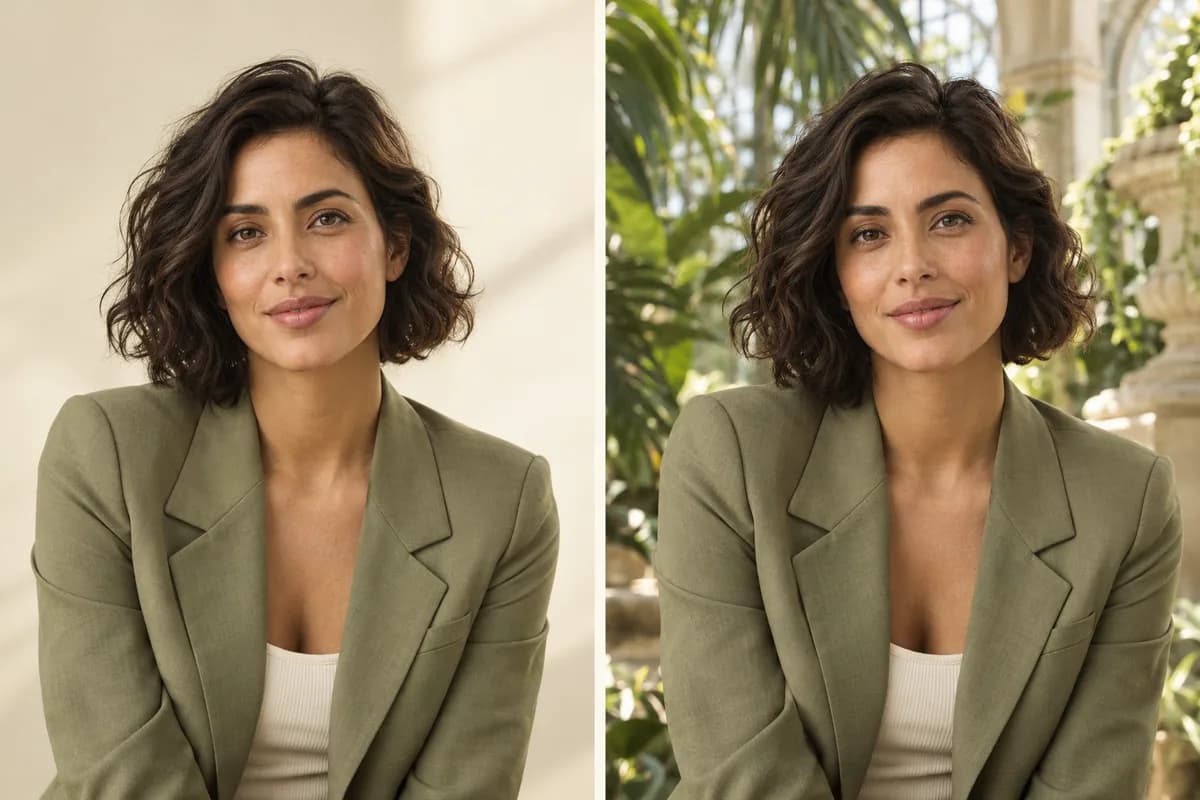 Creative reference: the same fictional woman in an olive jacket in a studio and a tropical glasshouse, illustrating subject continuity