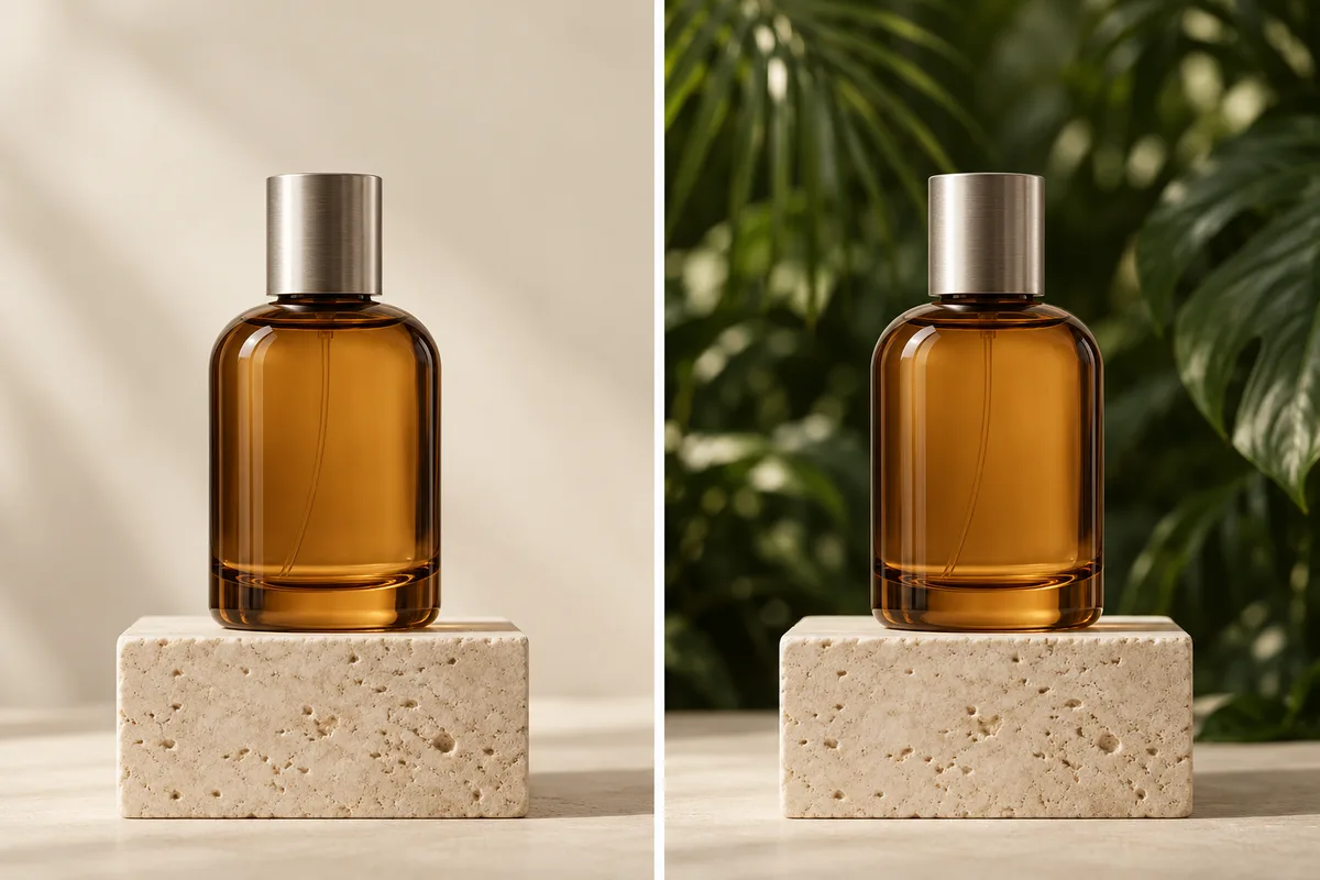 Illustrative amber perfume bottle before and after a cream-to-foliage background change