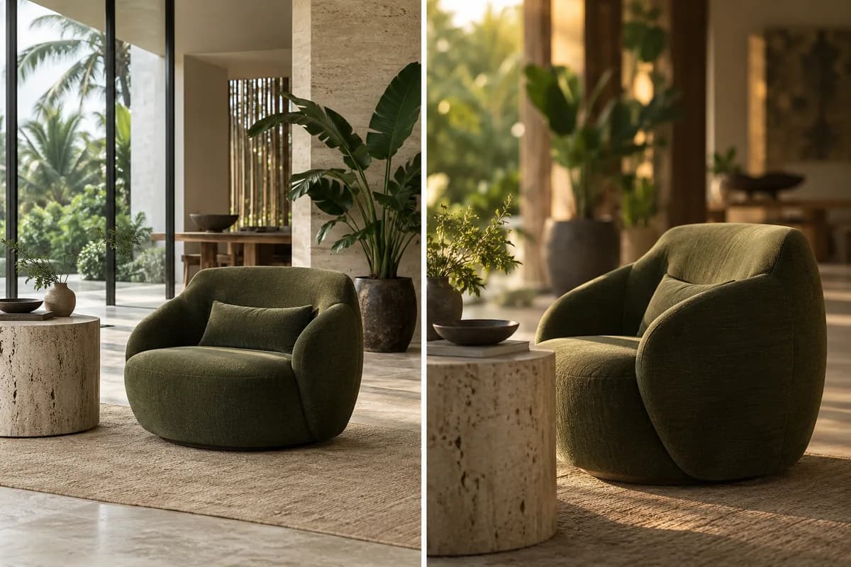 Creative reference: an olive chair and side table shown with cool diffuse light and deep focus, then warm side light and a closer camera angle
