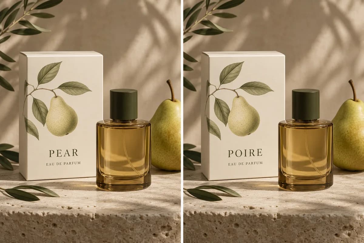 Creative reference: matching imaginary fragrance packaging labeled PEAR in English and POIRE in French with coordinated bottle designs