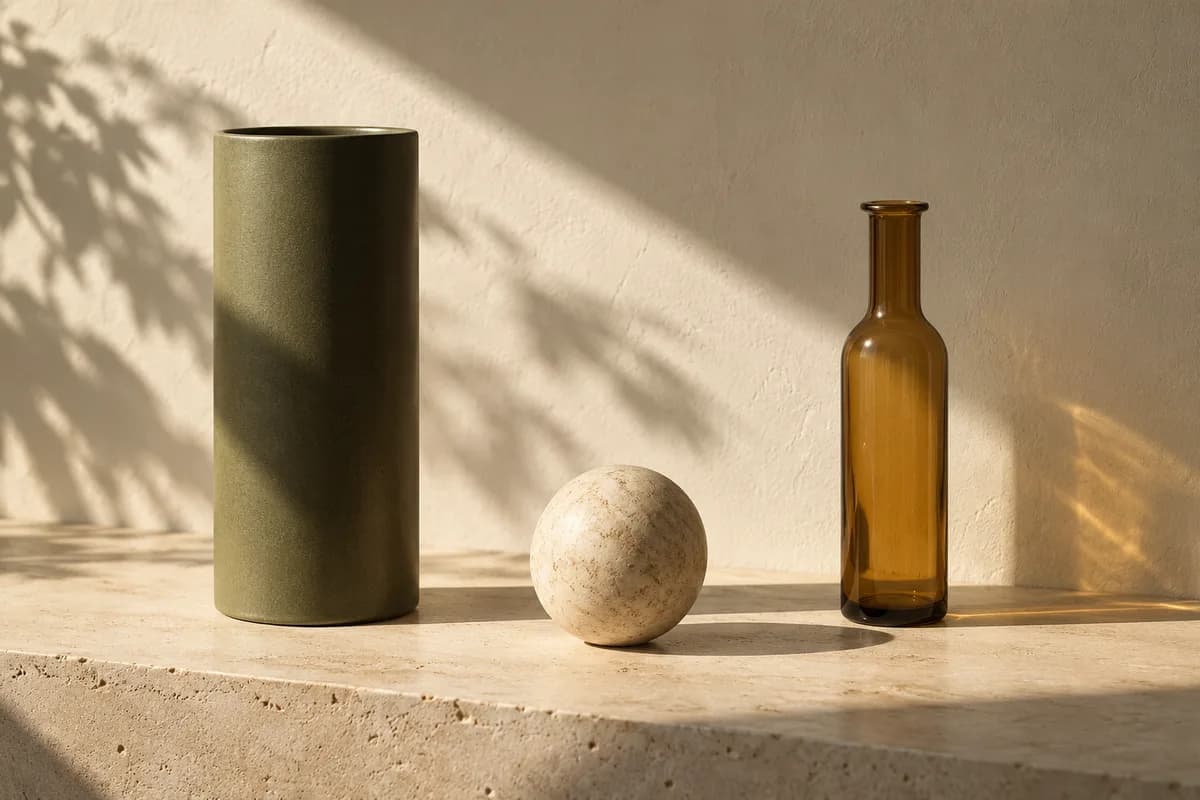Illustrative still life of three objects arranged in directional sunlight