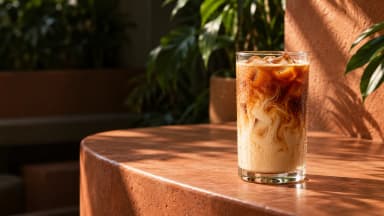 Actual start frame: iced latte on a sunlit terracotta cafe table