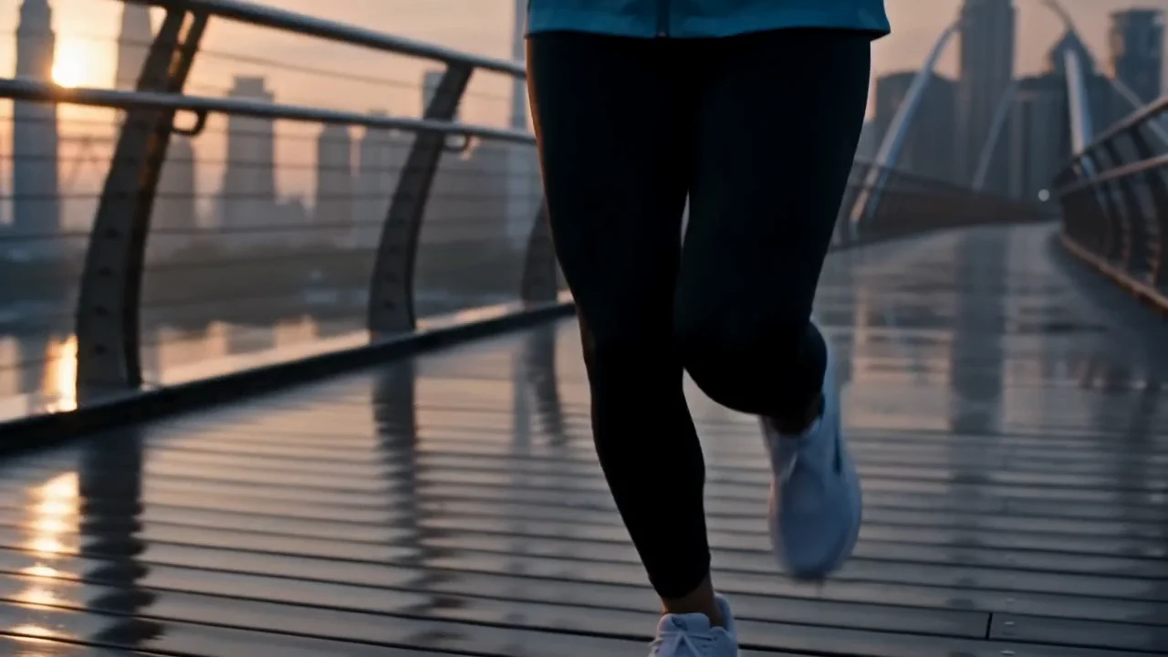 Runner and tracking-camera composition in the generated dawn-run video at two seconds