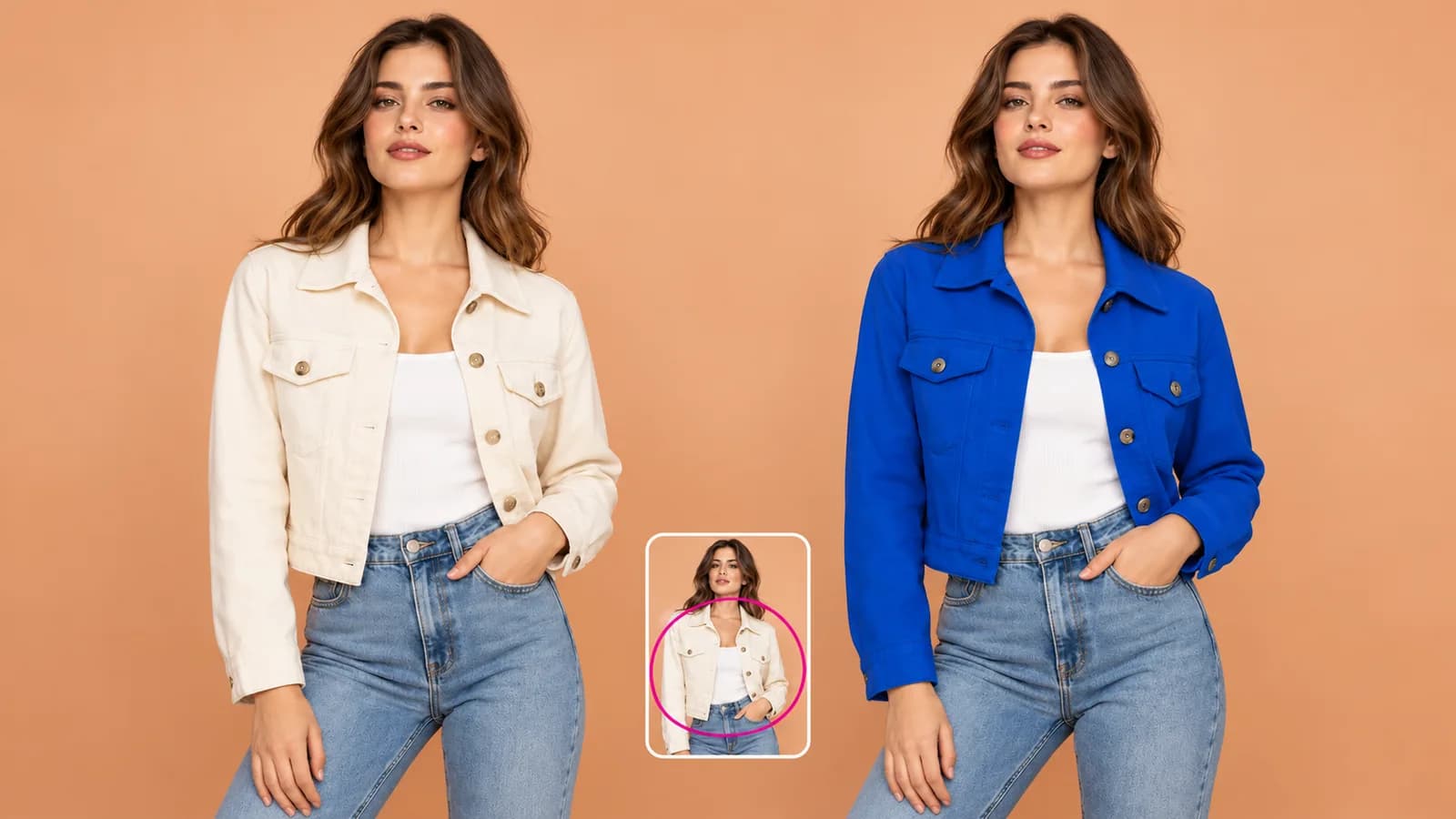 Illustrative landscape comparison of a cream jacket changed to cobalt blue with a small annotation reference