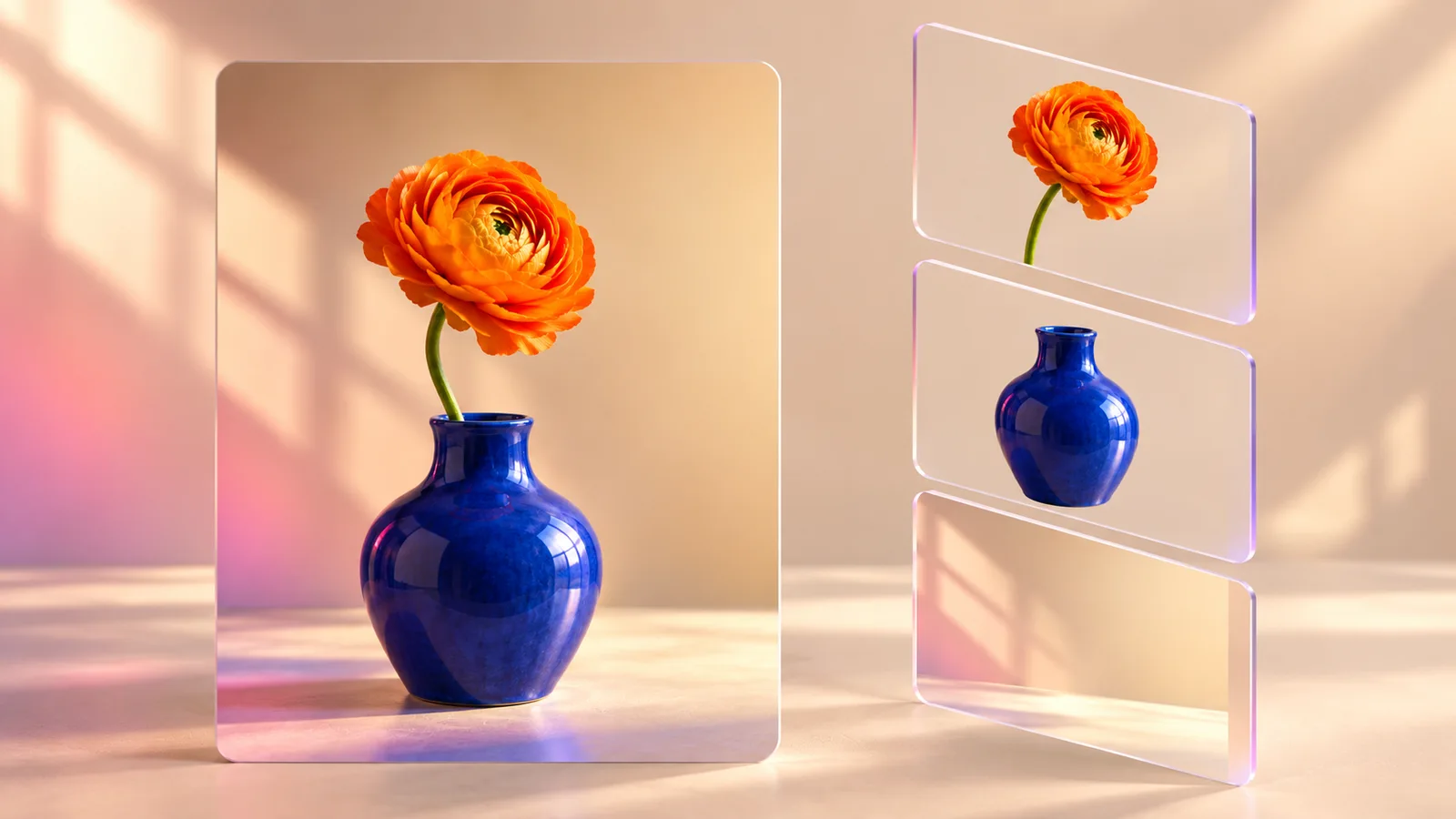 Illustrative landscape composition of an orange flower in a blue vase beside separate flower, vase and background layer cards