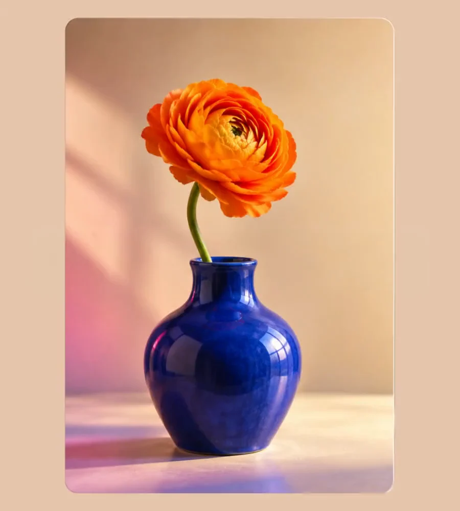 Orange flower and blue vase in the original composition of the illustrative layer animation