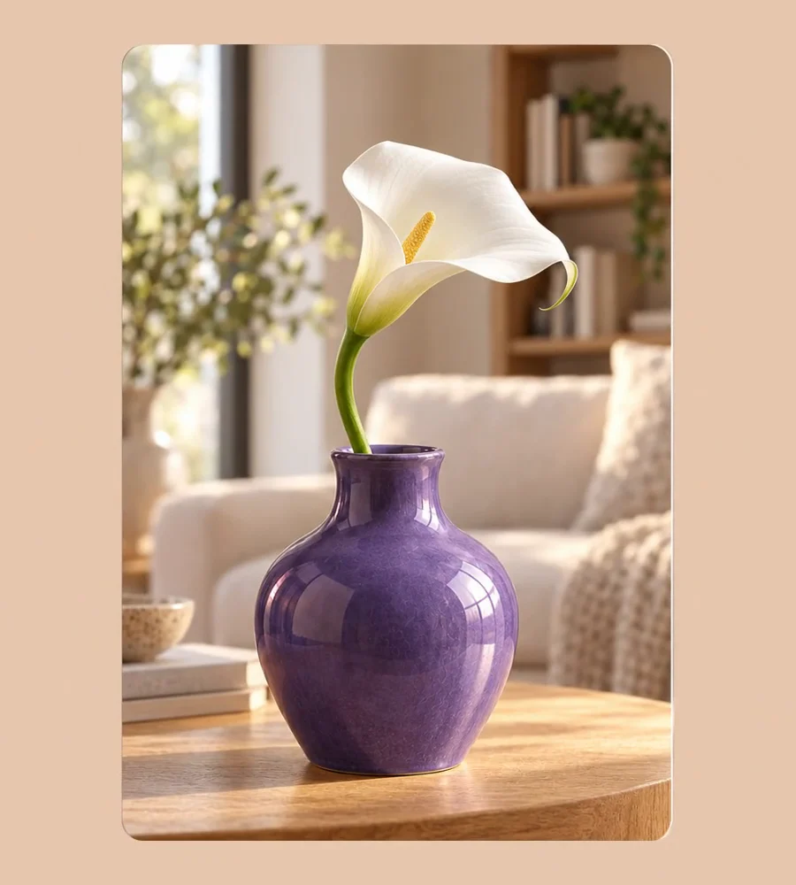White calla lily and purple vase in a living-room composition from the illustrative layer animation