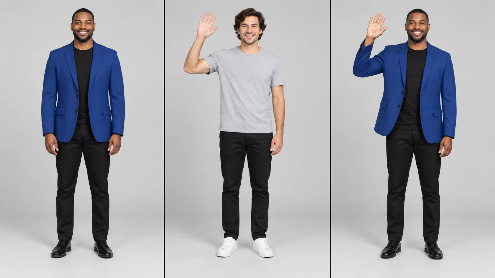 Illustrative three-step example: a blue-jacket character image, a different person waving as the motion reference, and the original character copying the wave