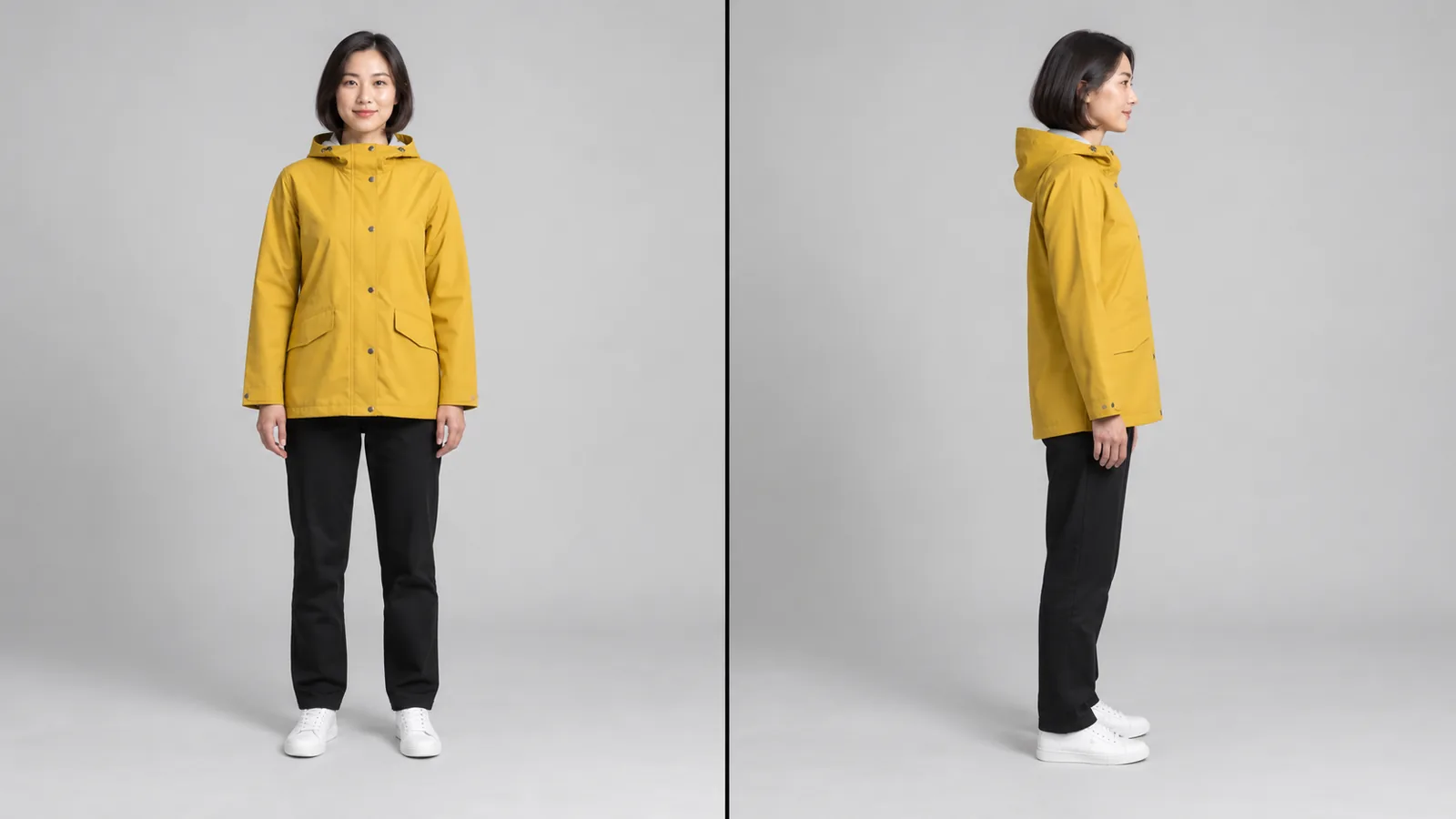 Illustrative front-facing and side-facing views of the same yellow-raincoat character against a plain studio background