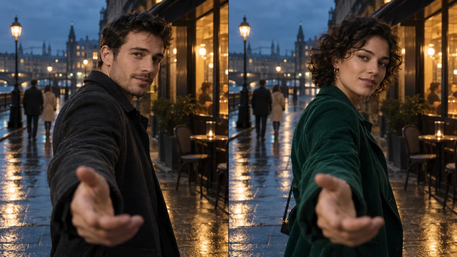 Illustrative comparison of a man in a charcoal jacket and a replacement woman in an emerald jacket, matching the same reaching pose on a rainy street with unchanged background pedestrians