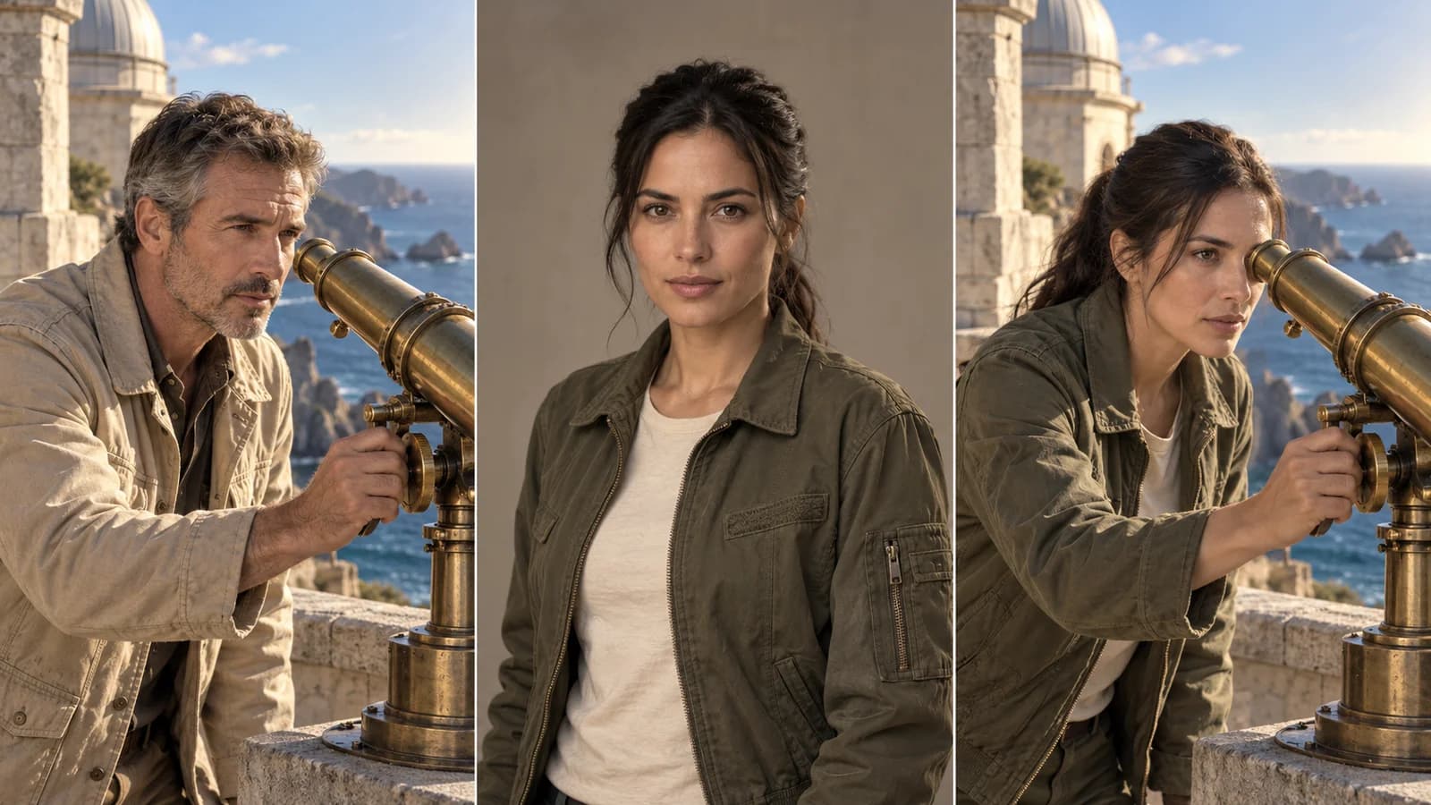 Illustrative three-panel workflow showing a male explorer at a coastal telescope, a female replacement portrait, and an imagined recast scene with the woman at the same telescope
