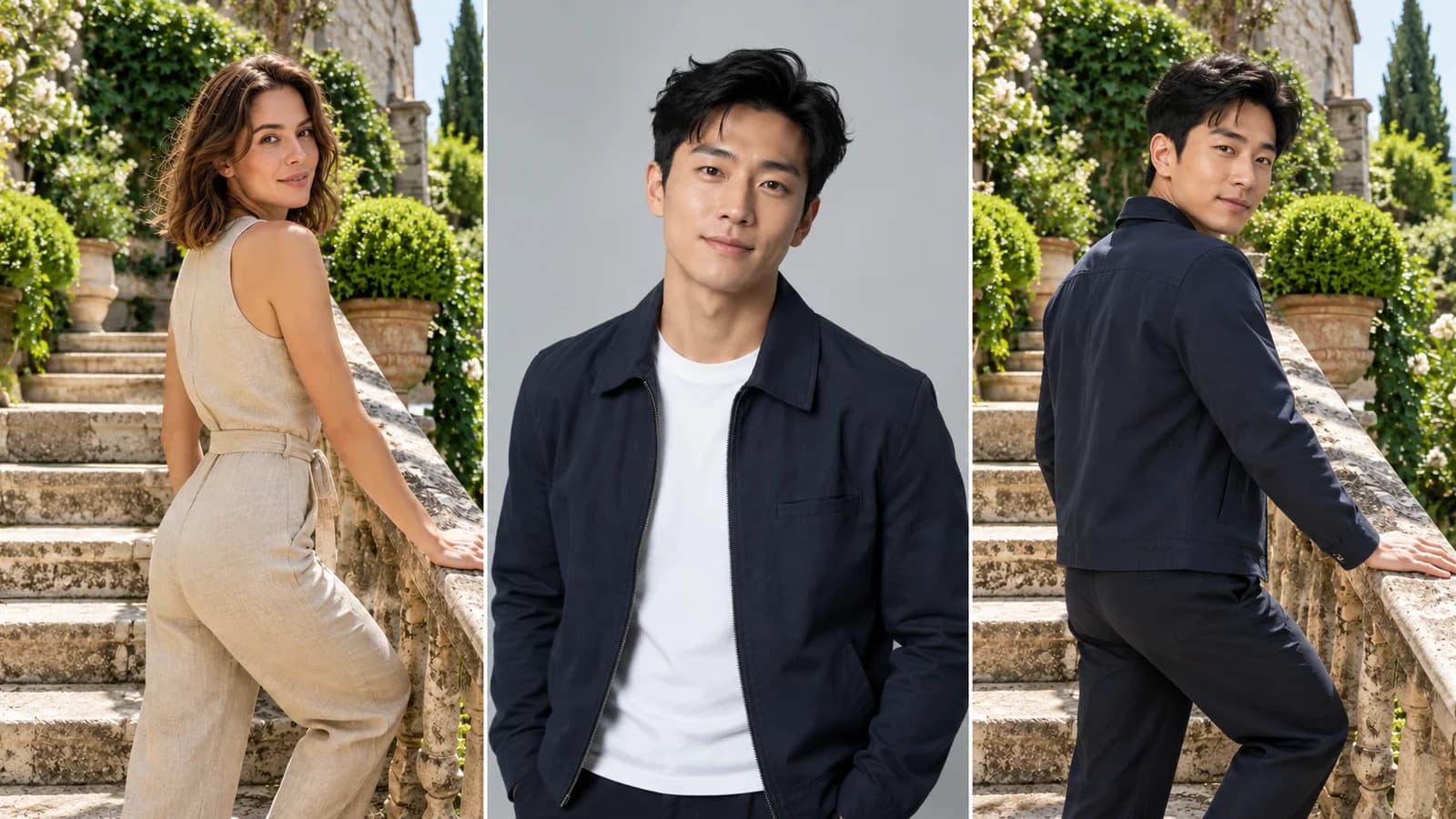 Illustrative source-to-result workflow: a woman on garden steps, a replacement portrait of a man in a navy jacket, and the same man taking her pose in the matching garden scene