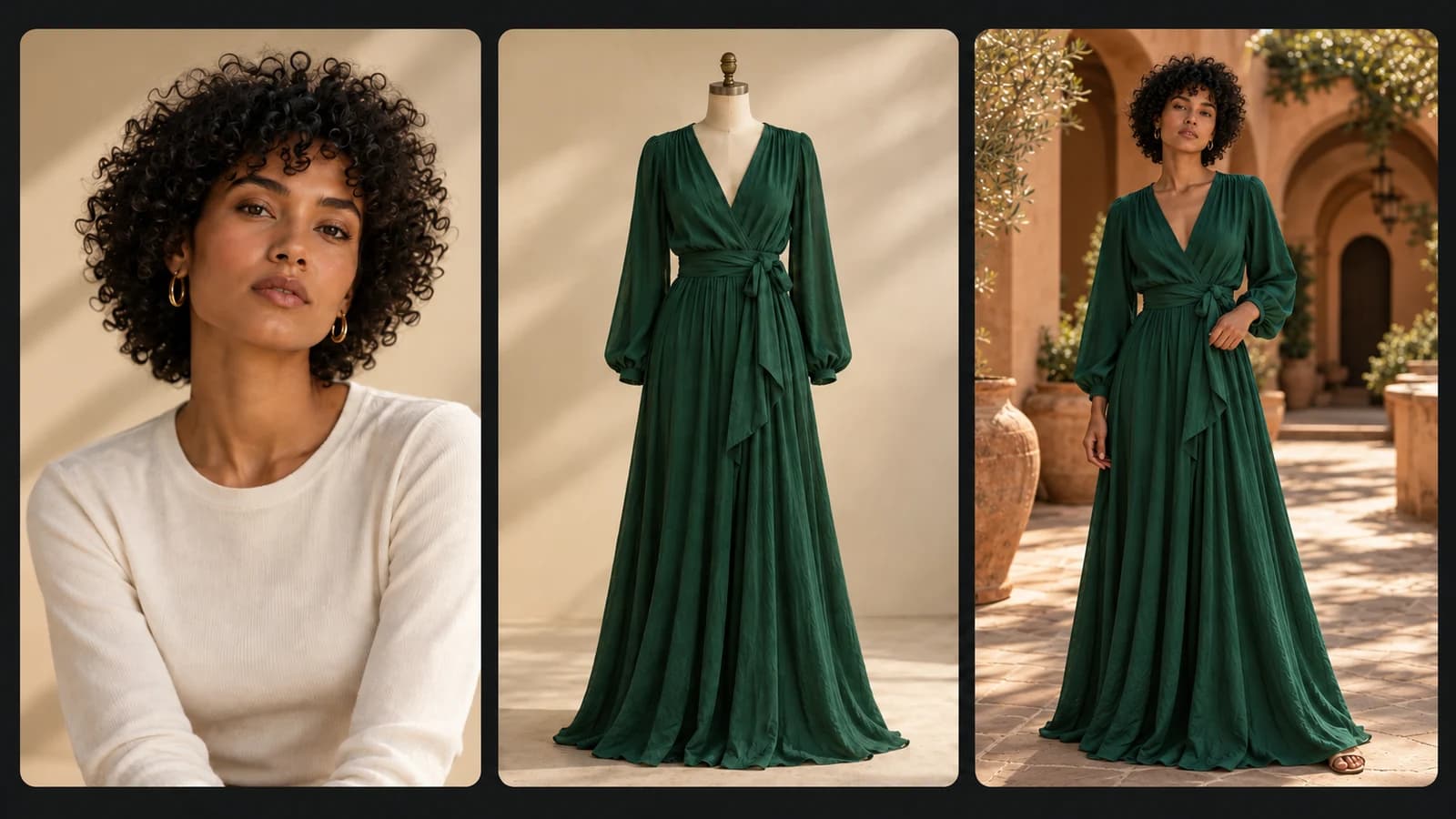 Illustrative Smart Clone workflow: a curly-haired woman in an ivory top as Image 1, an emerald wrap gown on a mannequin as Image 2, and the same woman wearing that gown in a sunlit terracotta courtyard as the illustrated result.