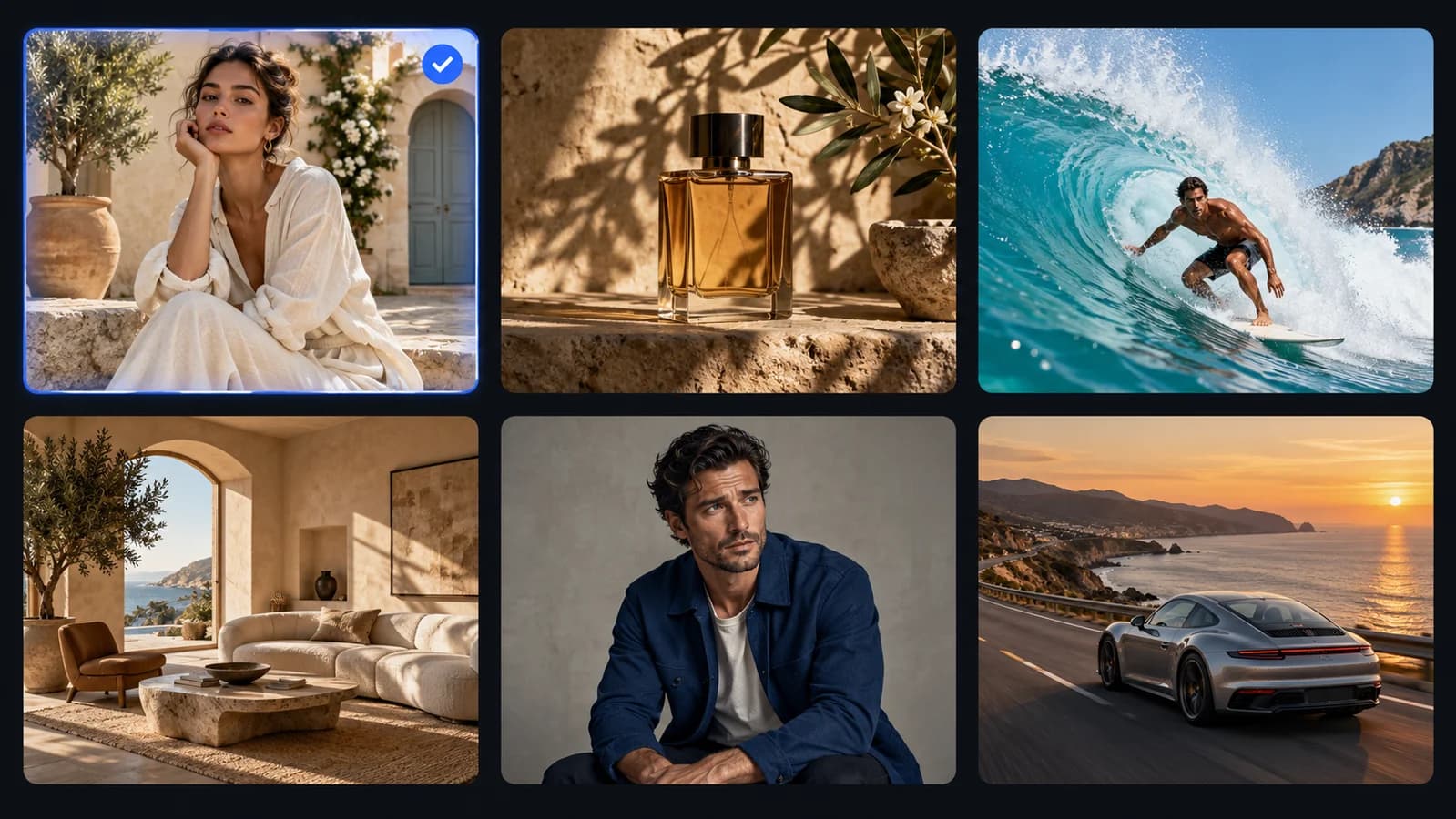 Illustrative gallery of six creative templates, with a courtyard fashion portrait selected using a blue border and checkmark