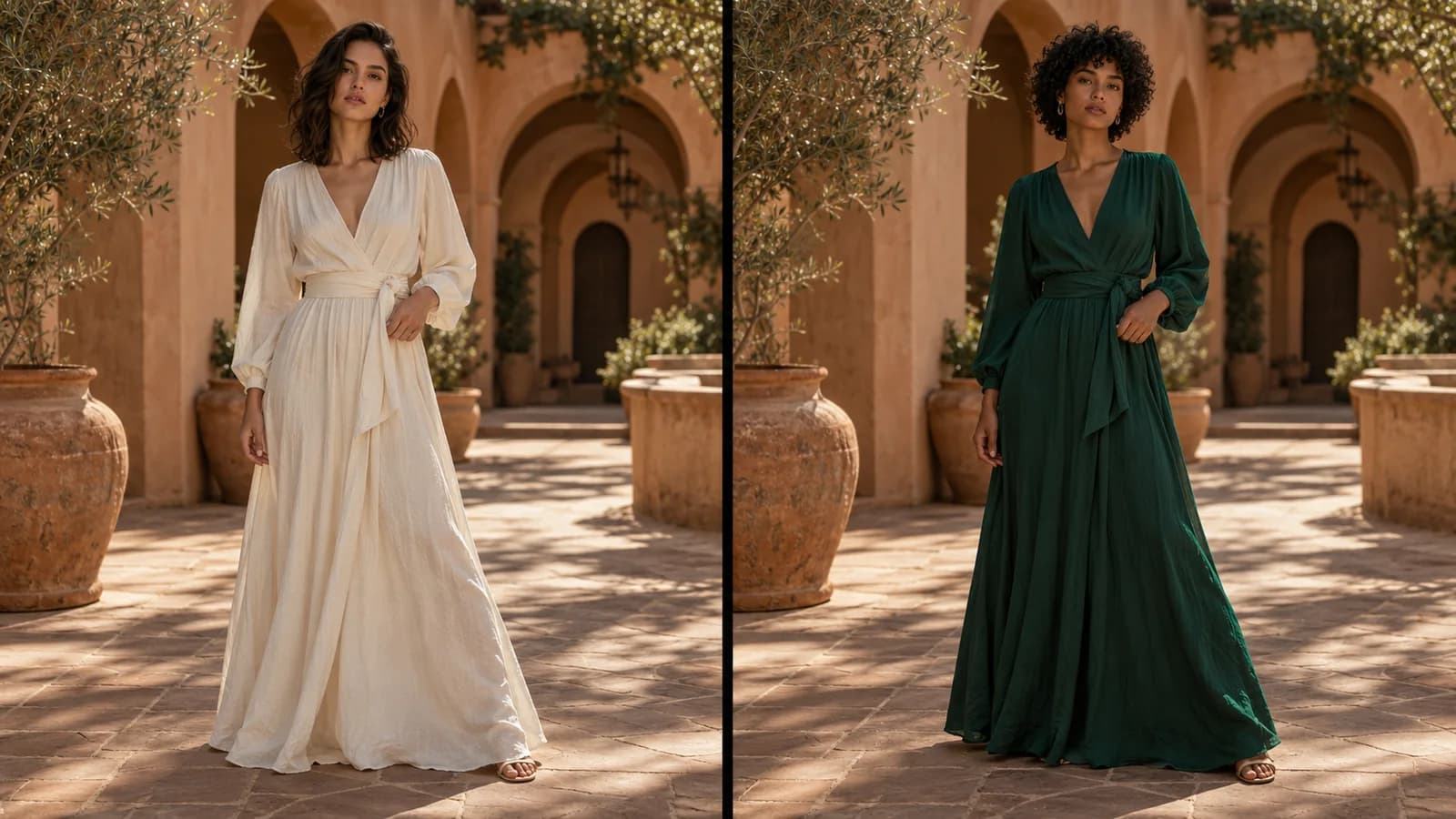 Illustrative landscape comparison of an original fashion direction and an adapted campaign