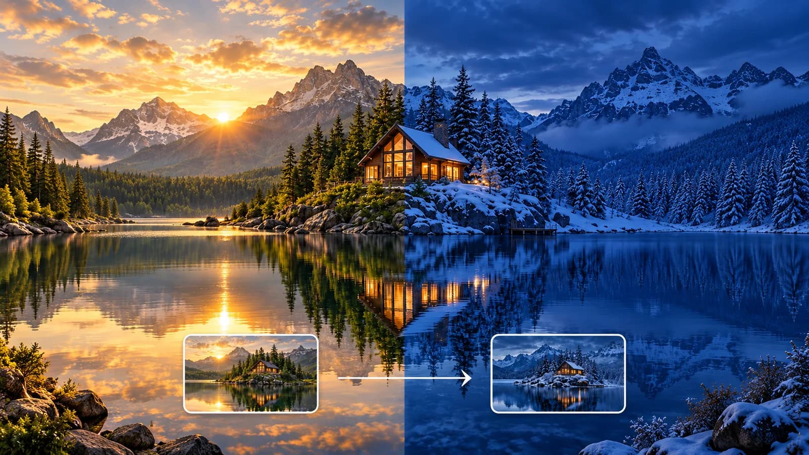 Illustrative landscape cabin transitioning between summer and winter with starting and ending image references
