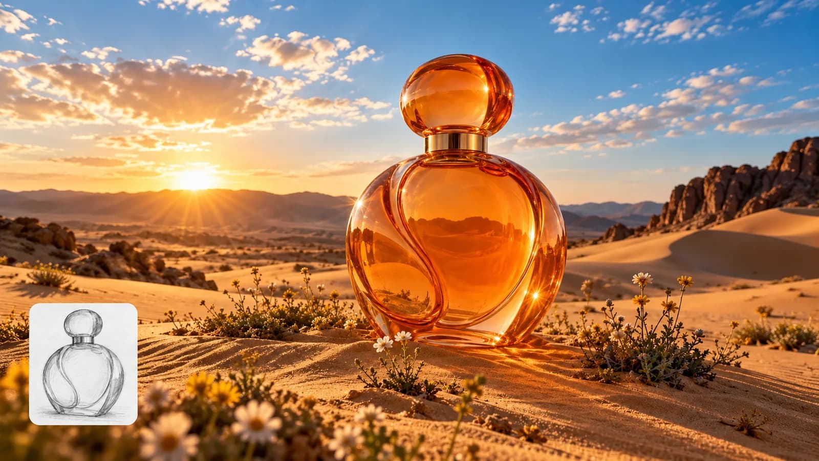 Illustrative landscape product photograph of an amber fragrance bottle in desert light with its sketch reference