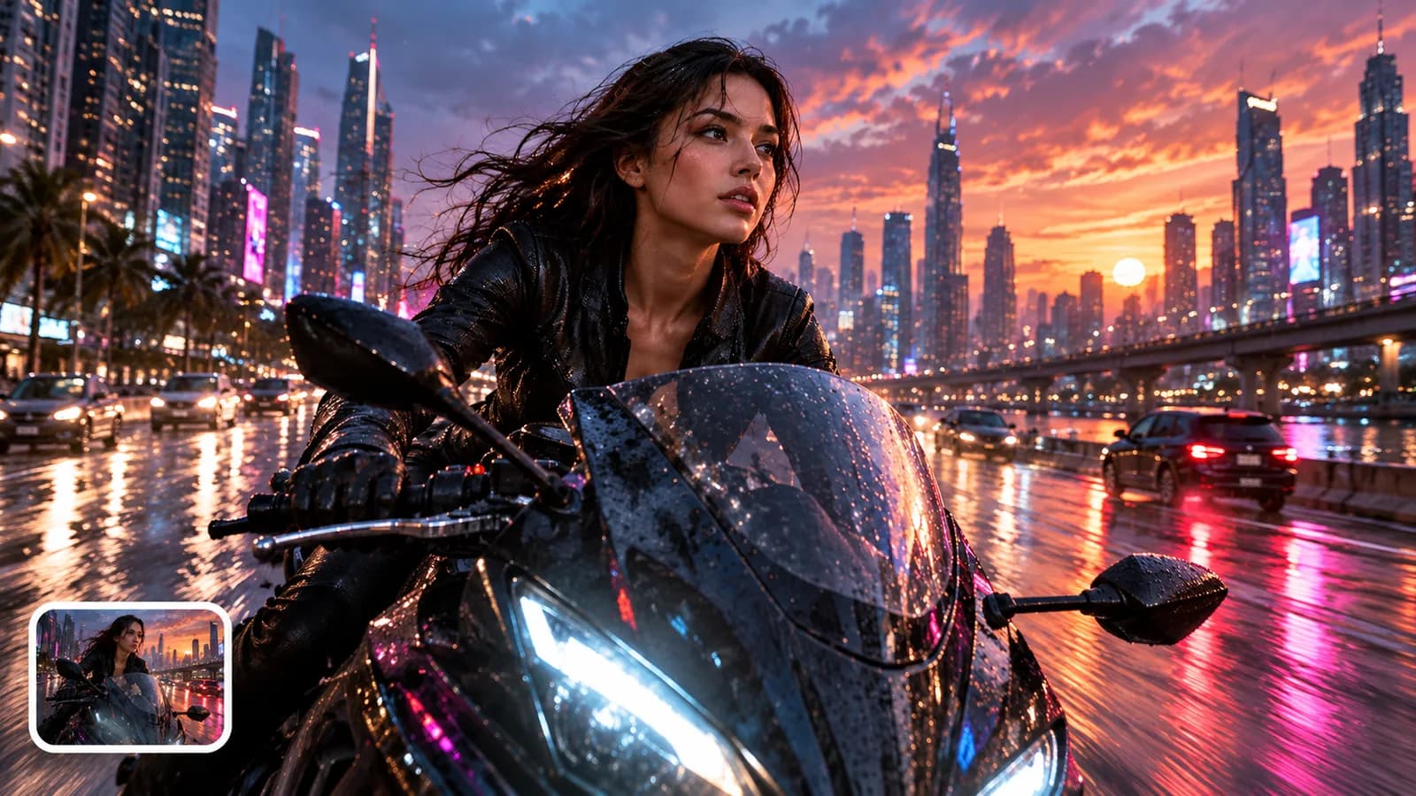 Illustrative landscape motorcycle scene in a rain-wet city with a small visual-reference inset