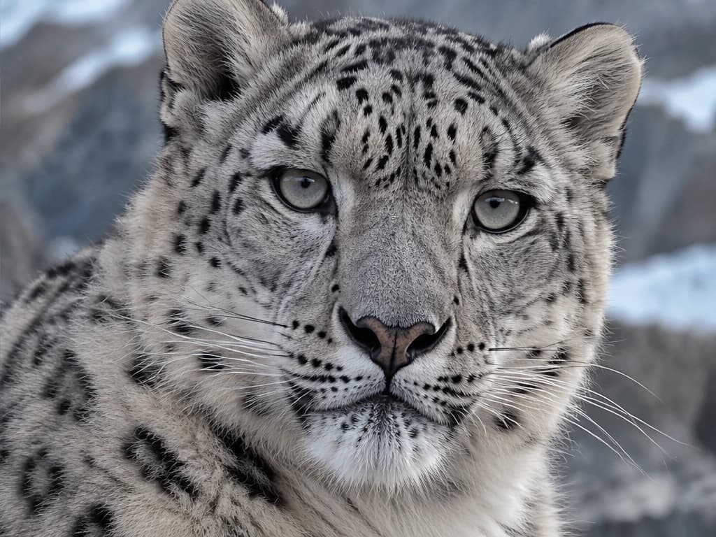 AI-generated snow leopard portrait with crisp fur, eyes and individual whiskers