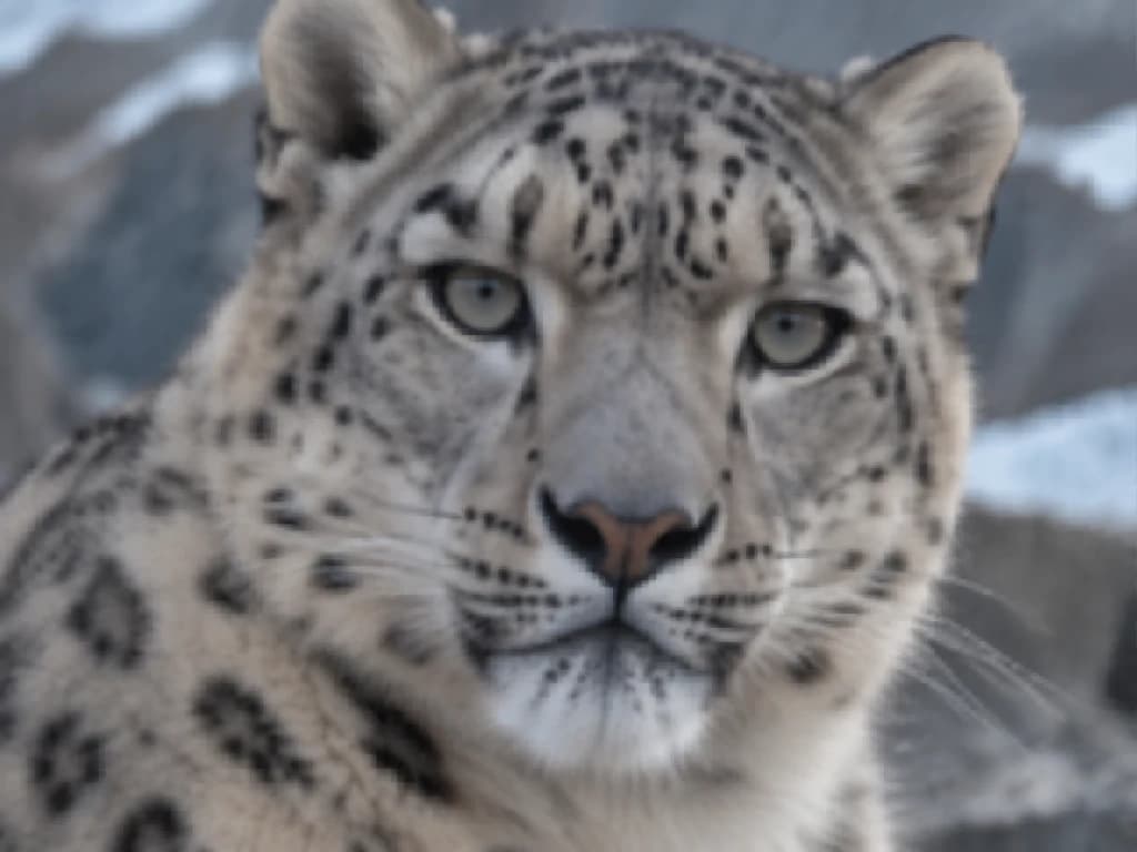 AI-generated snow leopard portrait with deliberately blurred fur and whiskers