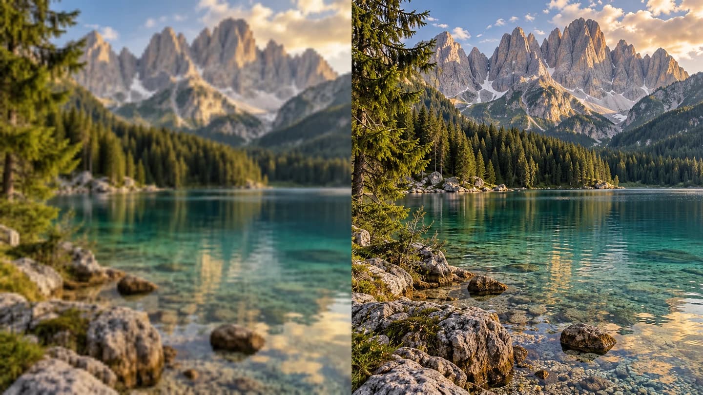 AI-generated alpine lake detail study: soft scenery on the left, crisp trees, mountain ridges and water ripples on the right