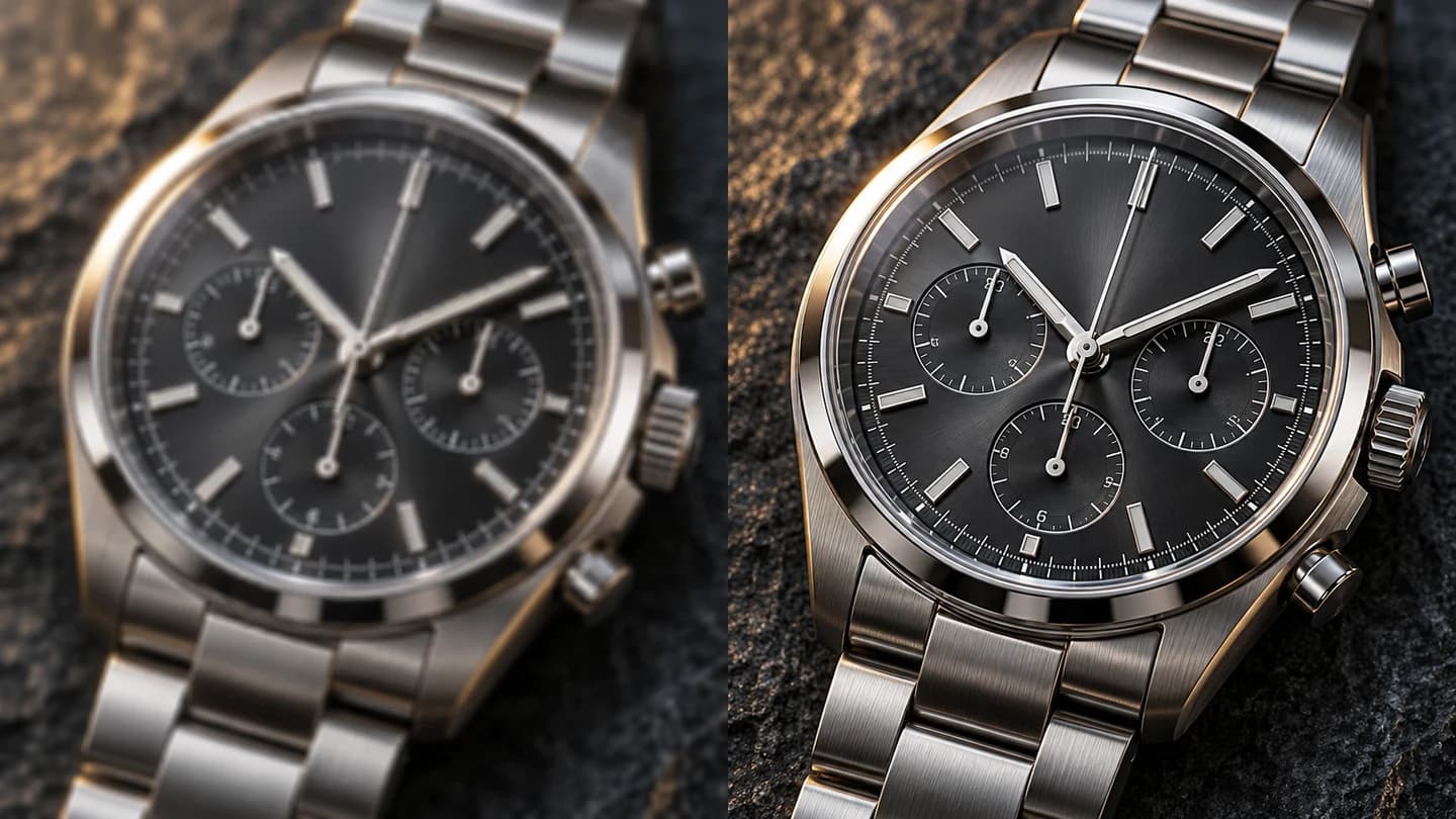 AI-generated watch detail study: soft dial and metal texture on the left, crisp markers and brushed steel on the right