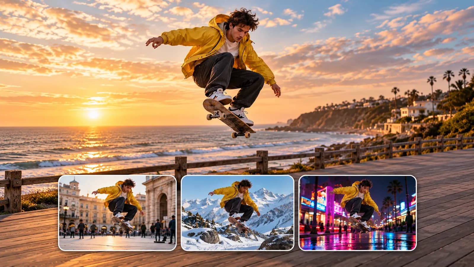 Illustrative landscape skateboard scene with town, mountain and city editing-direction insets