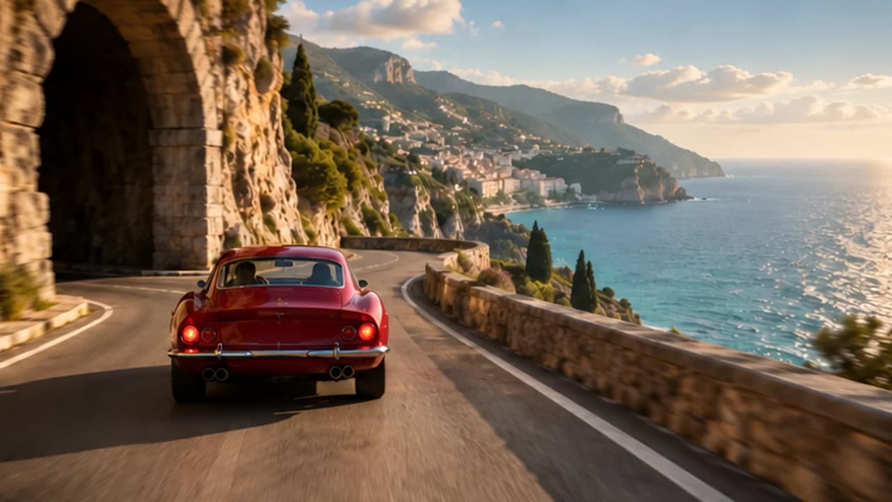 Illustrative added footage: the same red coupe emerges onto a newly revealed coastal road