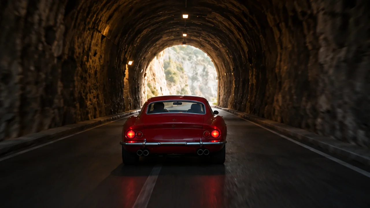 Illustrative original clip: a red coupe approaches the end of a stone tunnel
