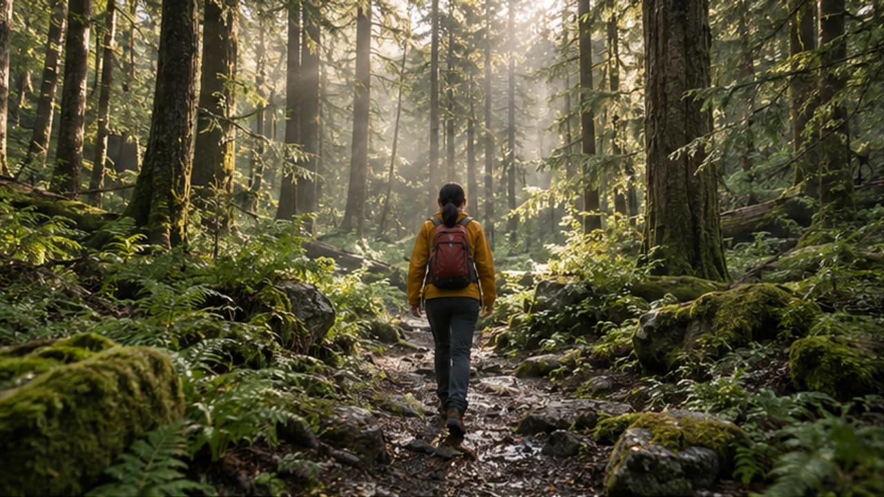 Illustrative original footage: a yellow-jacket hiker walks along a shaded forest path