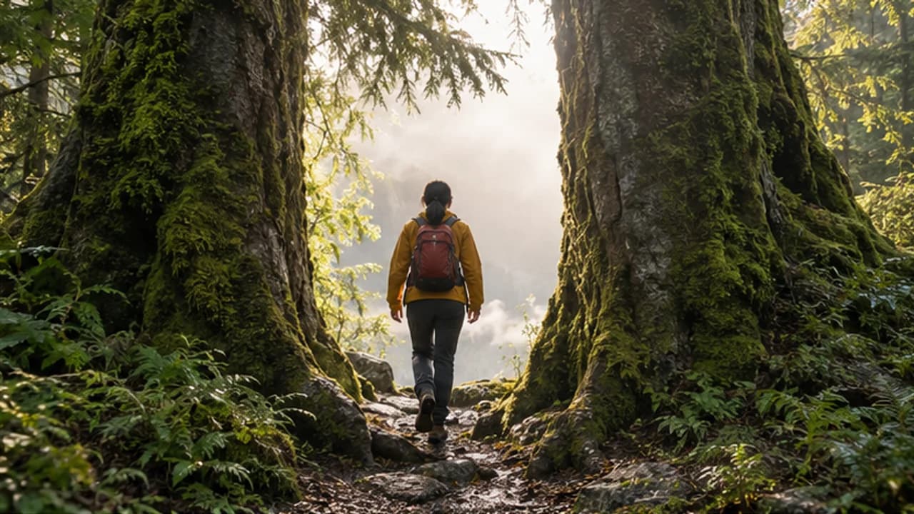 Illustrative final frame of the original clip: the hiker reaches an opening between mossy trees