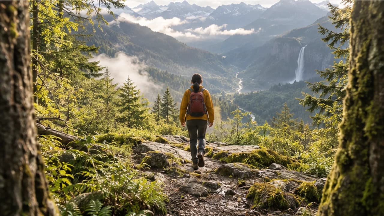 Illustrative added footage: the same hiker steps beyond the trees as a mountain valley comes into view