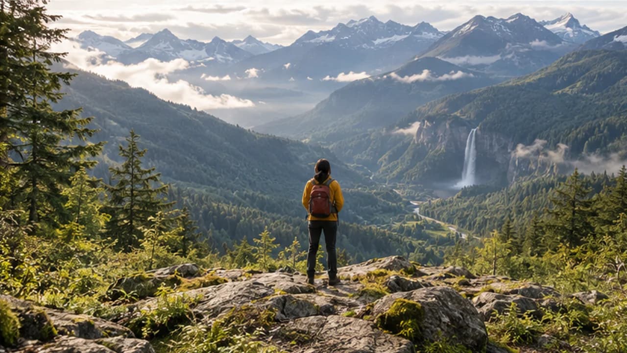Illustrative later added footage: the hiker looks over the newly revealed mountain valley and waterfall