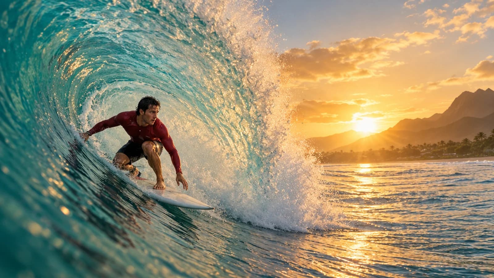 Illustrative original surfing clip ending with a red-shirt surfer inside the wave
