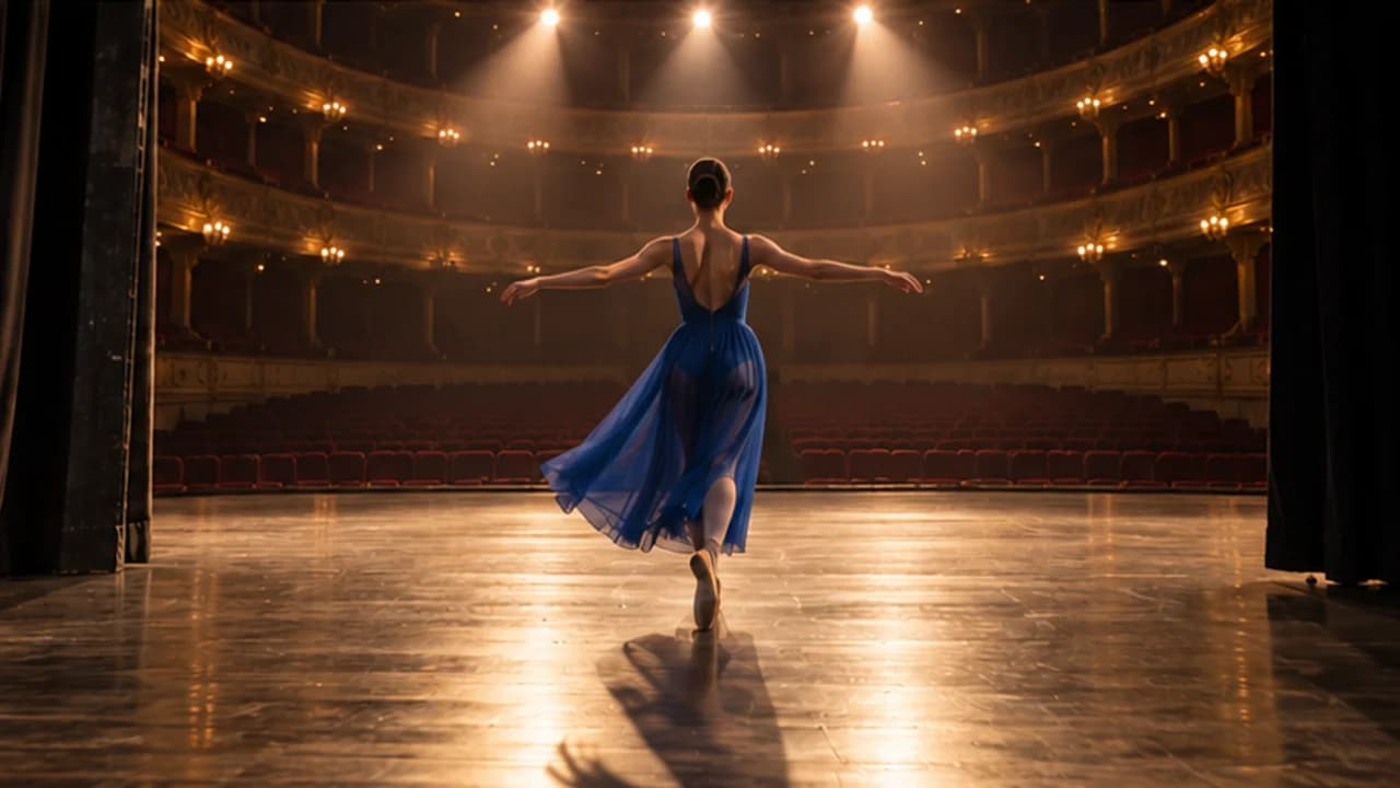 Illustrative added footage: the same dancer steps onto the stage as the theater is revealed